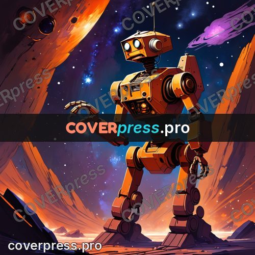 Cartoon style drawing: orange robot among the rocks