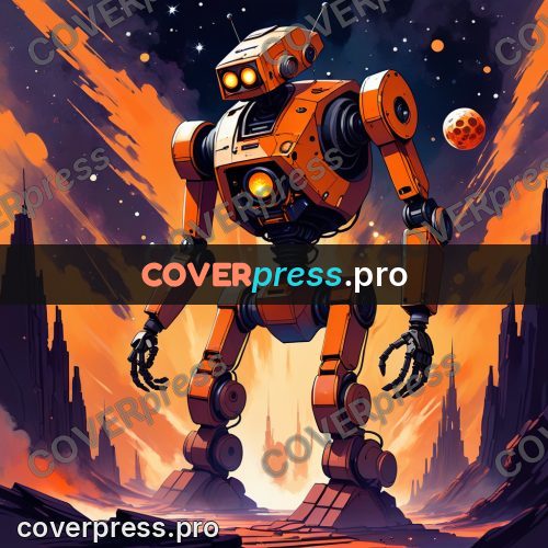 Cartoon style drawing: orange robot among the rocks