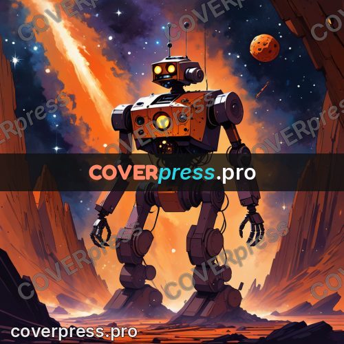 Cartoon style drawing: orange robot among the rocks