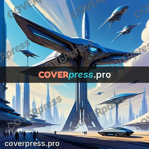 Cartoon style drawing: towers with flying craft