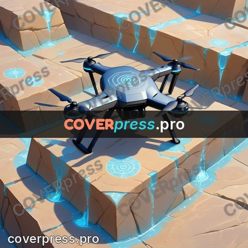 Cartoon style drawing: drone on stone blocks