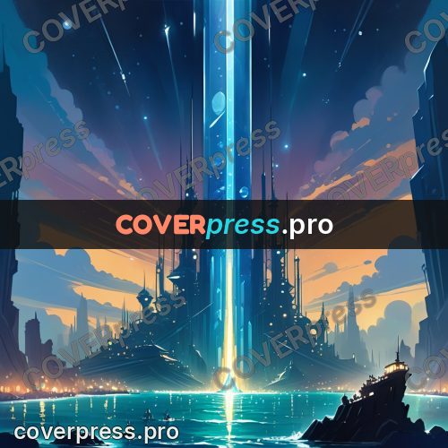 Cartoon style drawing: city with a column of light
