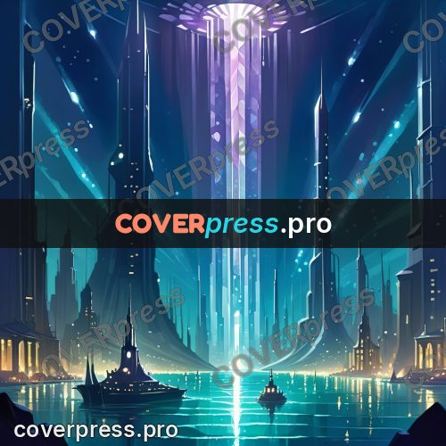 Cartoon style drawing: city with a column of light