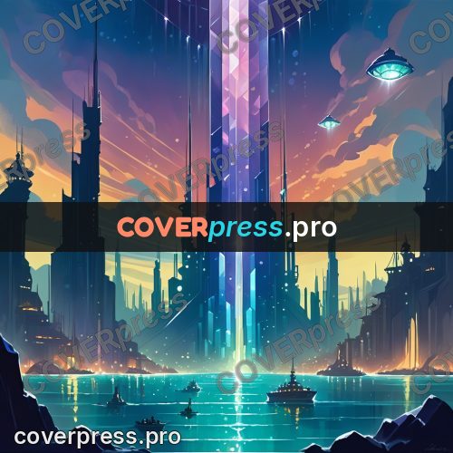 Cartoon style drawing: city with a column of light