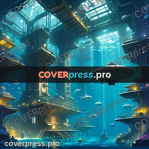 Cartoon style drawing: underwater city with domes