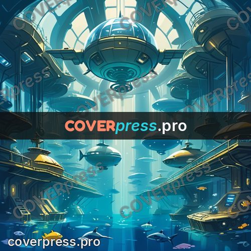 Cartoon style drawing: underwater city with domes