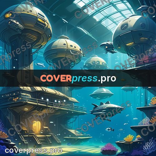 Cartoon style drawing: underwater city with domes