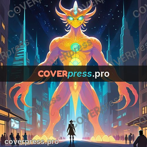 Cartoon style drawing: glowing giant in a city