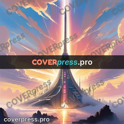 Cartoon style drawing: tall tower at dawn
