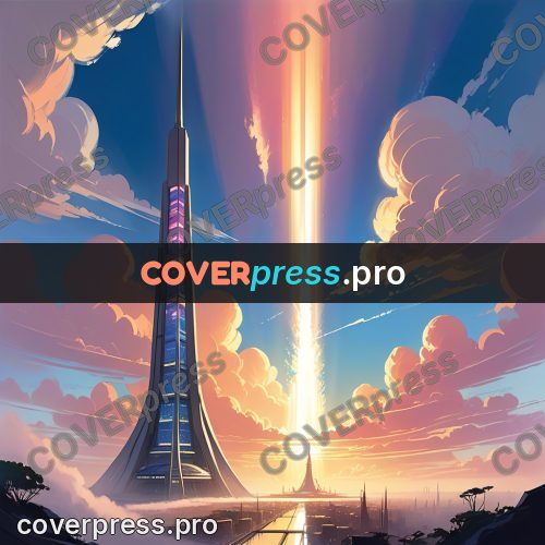 Cartoon style drawing: tall tower at dawn