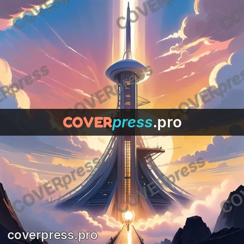 Cartoon style drawing: tall tower at dawn