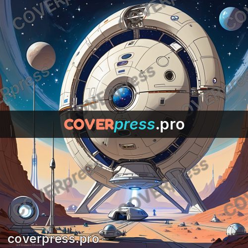 Cartoon style drawing: ring station above a planet