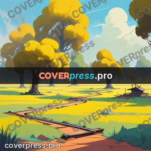 Cartoon style drawing: yellow plain with trees