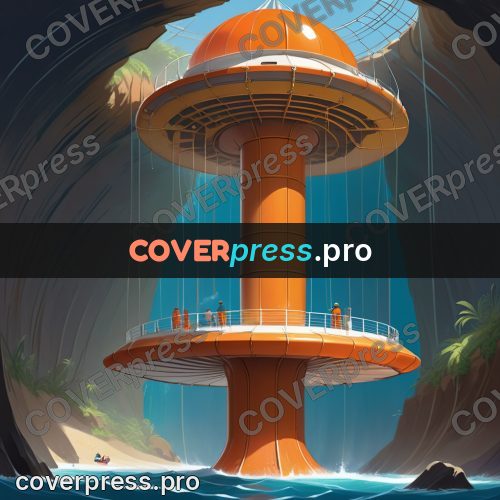 Cartoon style drawing: orange columns by the water