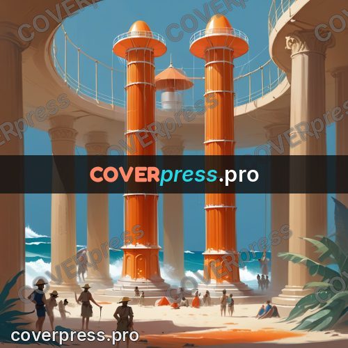 Cartoon style drawing: orange columns by the water