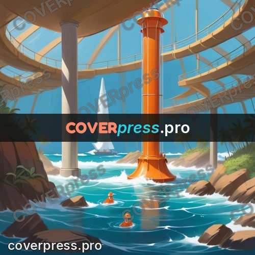 Cartoon style drawing: orange columns by the water