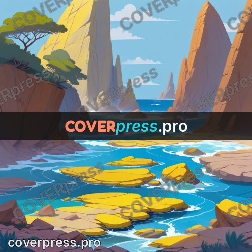 Cartoon style drawing: yellow rocks by the water