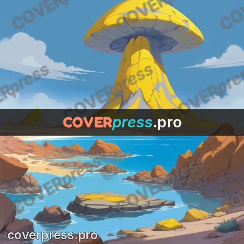 Cartoon style drawing: yellow rocks by the water