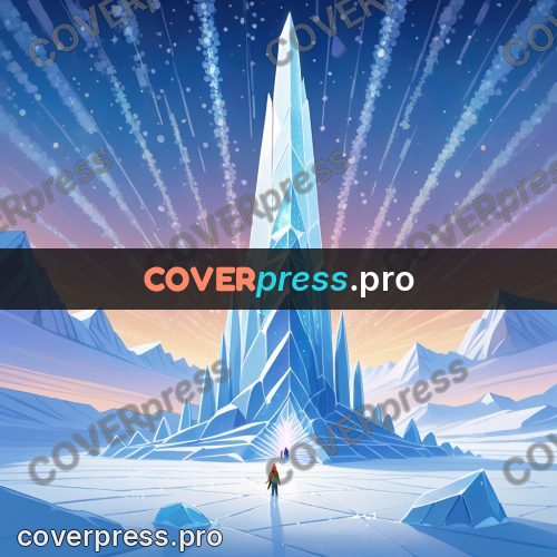 Cartoon style drawing: crystal spire above a plain