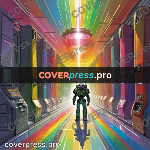 Cartoon style drawing: robot in a rainbow corridor