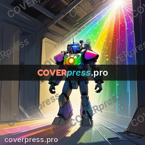 Cartoon style drawing: robot in a rainbow corridor