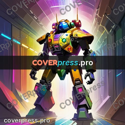 Cartoon style drawing: robot in a rainbow corridor