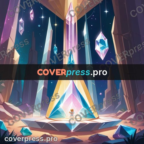 Cartoon style drawing: crystals above tiny figures