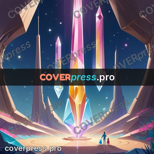 Cartoon style drawing: crystals above tiny figures