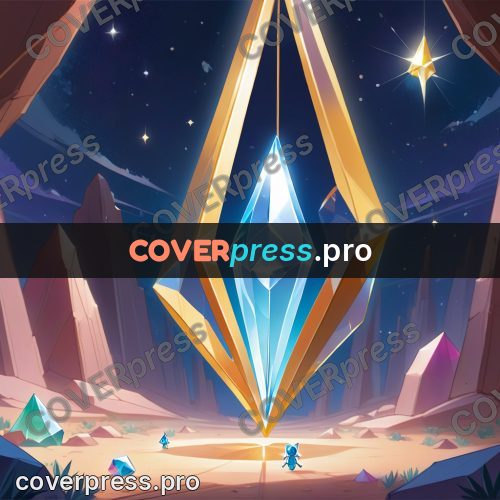 Cartoon style drawing: crystals above tiny figures