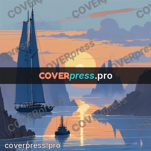 Cartoon style drawing: sailing ship at sunset