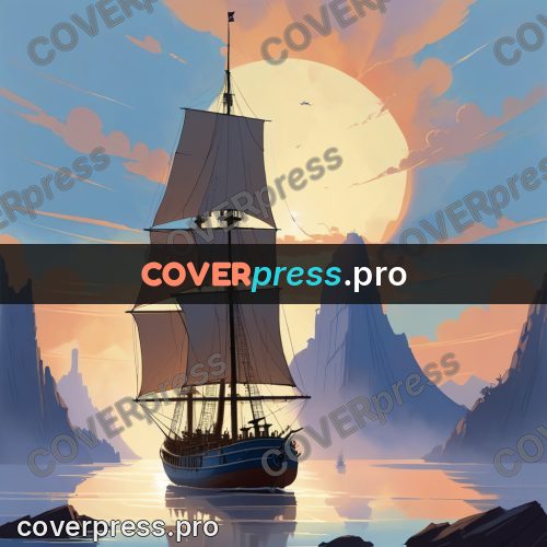 Cartoon style drawing: sailing ship at sunset