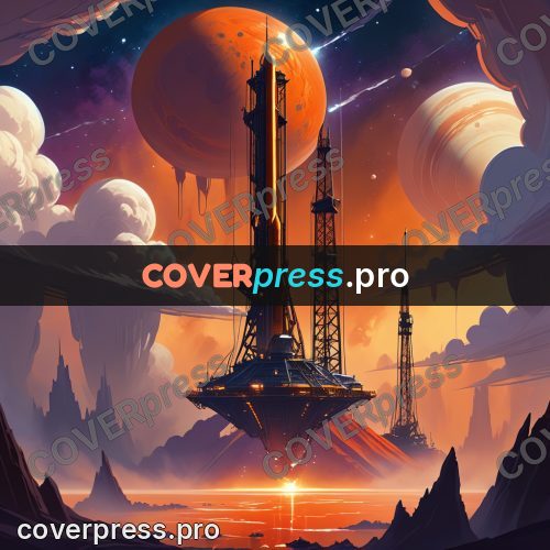 Cartoon style drawing: rig under an orange planet