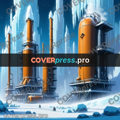 Cartoon style drawing: industrial towers in the ice