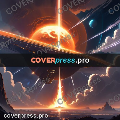 Cartoon style drawing: ring and beam over a planet