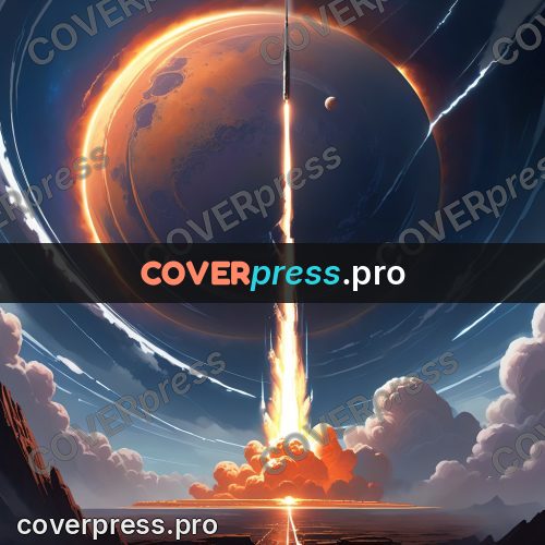 Cartoon style drawing: ring and beam over a planet