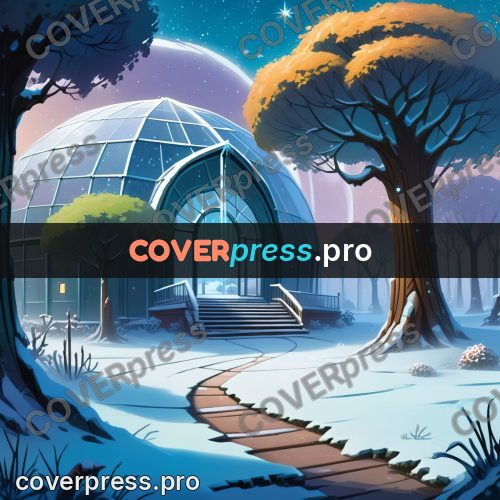 Cartoon style drawing: greenhouse dome in the snow