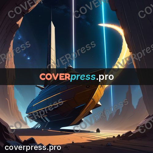 Cartoon style drawing: ship by a glowing arc