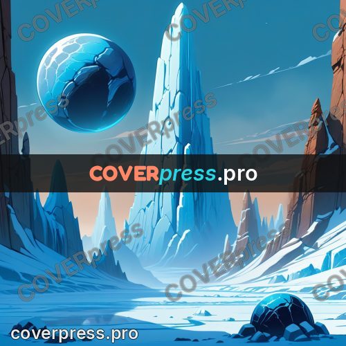 Cartoon style drawing: ice canyon with a blue sphere