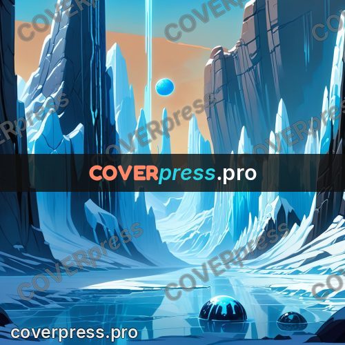 Cartoon style drawing: ice canyon with a blue sphere
