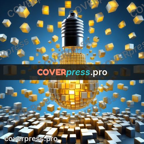 Geometric 3d artwork: golden bulb among flying cubes