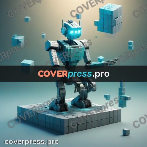 Geometric 3d artwork: turquoise robot on a platform