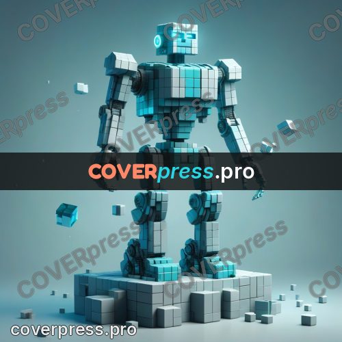 Geometric 3d artwork: turquoise robot on a platform