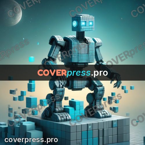 Geometric 3d artwork: turquoise robot on a platform