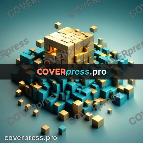Geometric 3d artwork: cube of gold and turquoise blocks