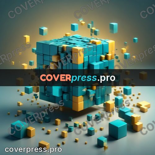 Geometric 3d artwork: cube of gold and turquoise blocks