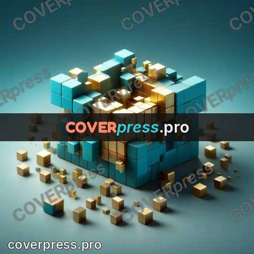 Geometric 3d artwork: cube of gold and turquoise blocks