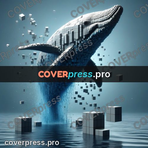 Geometric 3d artwork: whale swimming among blocks