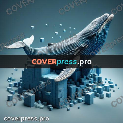 Geometric 3d artwork: whale swimming among blocks