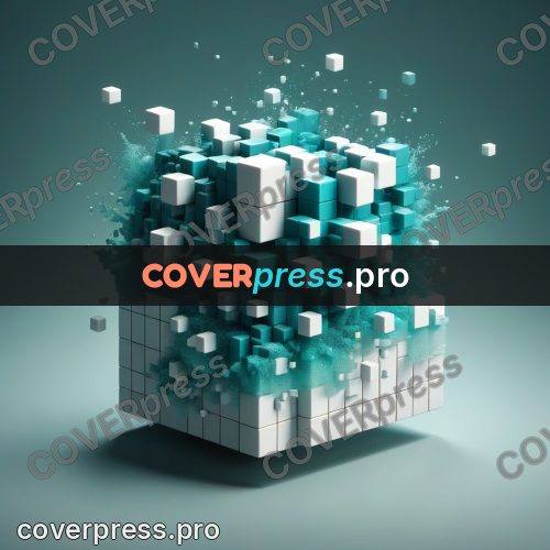 Geometric 3d artwork: turquoise cube with white blocks