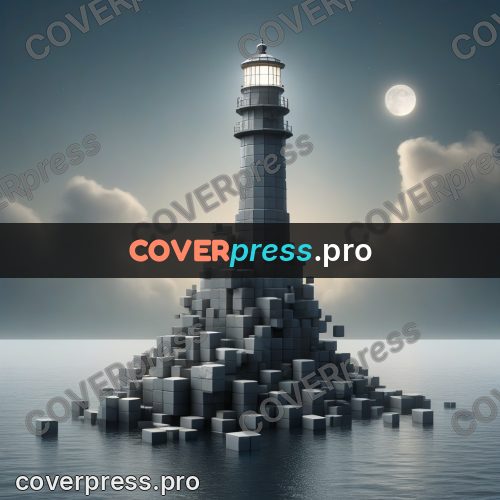 Geometric 3d artwork: lighthouse on a mound of blocks